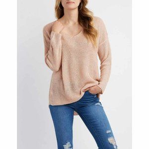 Charlotte Russe Slub Knit V-Neck Relaxed Fit Sweater In Cream size Large